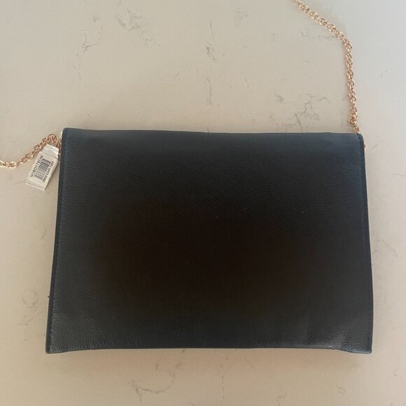 Natasha Couture Gold Chain Link, Black Leather Clutch / Crossbody, Snap Flap - Picture 3 of 8
